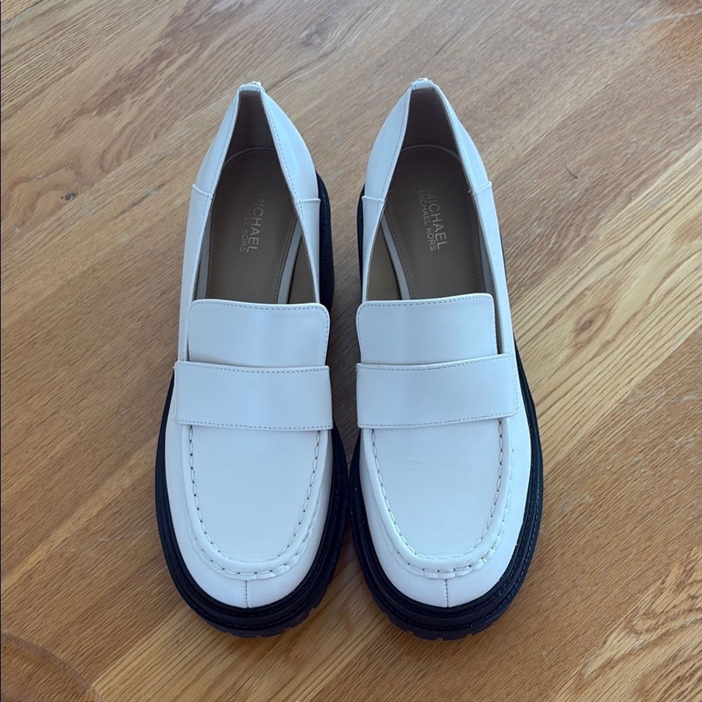 Michael Kors White Leather Loafers with Black Soles